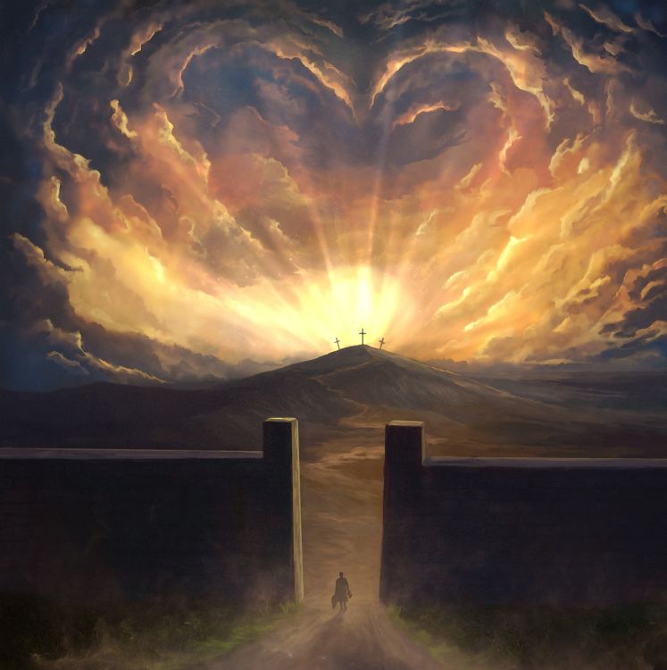Digital painting of a person walking through a gap between high walls towards a hill with three crosses. There is bright sunlight and heart shaped clouds over the crosses