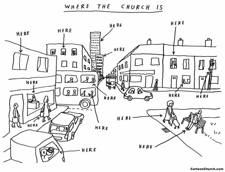A cartoon with the heading "where the church is" depicting a busy street scene with arrows with the word 'here' pointing all around the scene 