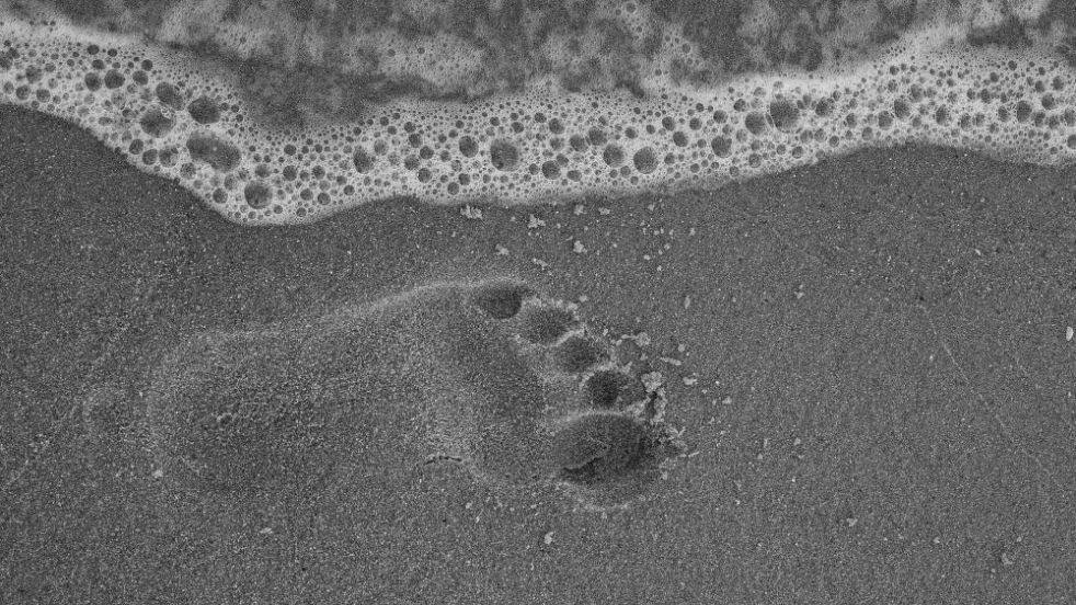 A footprint in the sand against the edge of the sea